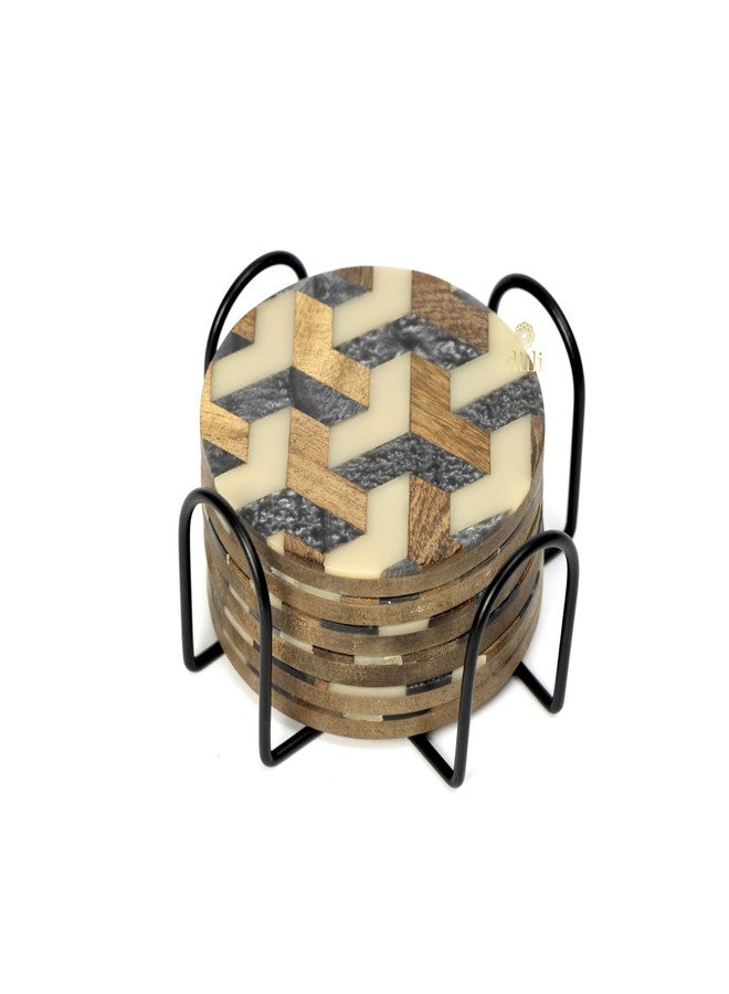 DULI مجموعة قواعد أكواب دائرية من الراتنج المرصع من DULI، 6 قطع مع حامل - قواعد أكواب للبار والنبيذ - مجموعة من 6 قواعد أكواب أنيقة وعصرية مصنوعة يدويًا من حجر الرخام مع حامل (قواعد أكواب مرصعة مع حامل: على شكل خلية نحل) - Image 3